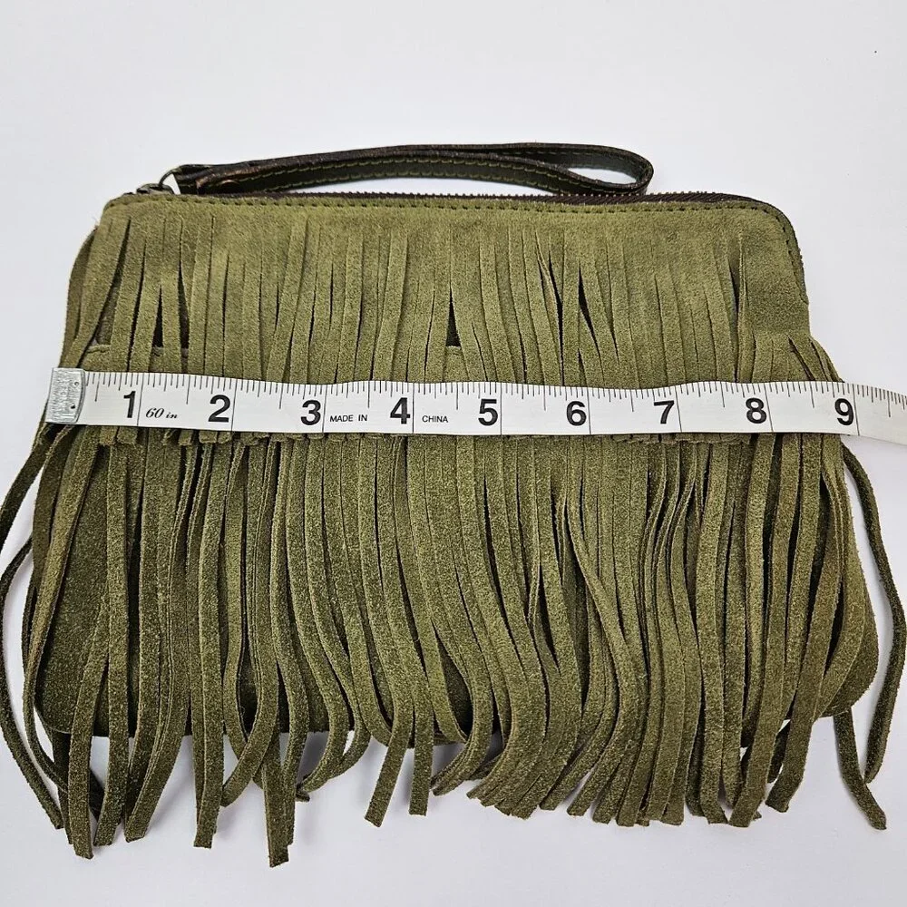 Patricia Nash Cassini Olive Green Suede Leather Fringe Wristlet Clutch - Picture 3 of 8